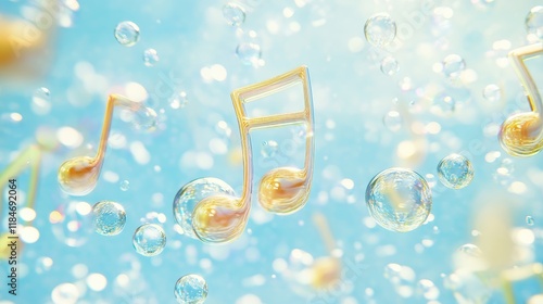 Bubbles shaped like musical notes floating in a soft blue background, creative and harmonious, colorful bubbles, music visualization photo