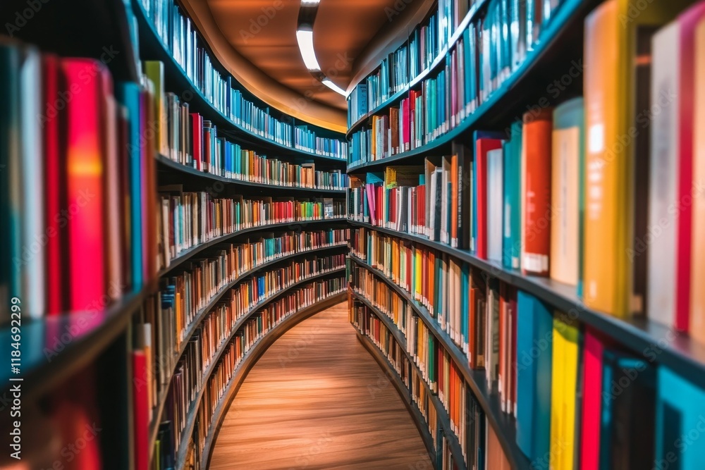 Fototapeta premium Curved library shelves overflow with colorful books.