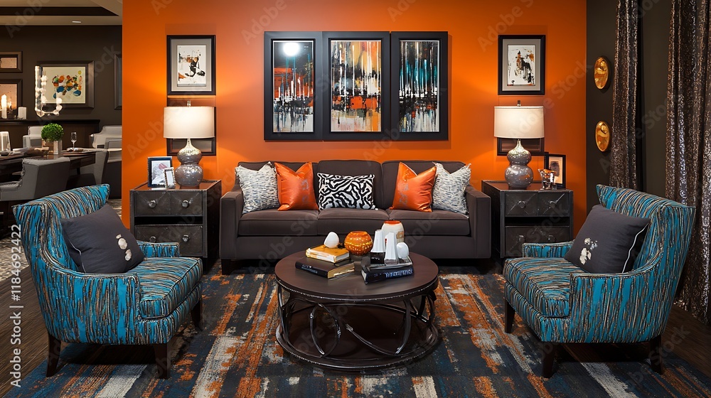 Modern Living Room Decor Featuring Orange Walls and Teal Accents Modern Living Room Decor Featuring Orange Walls and Teal Accents
