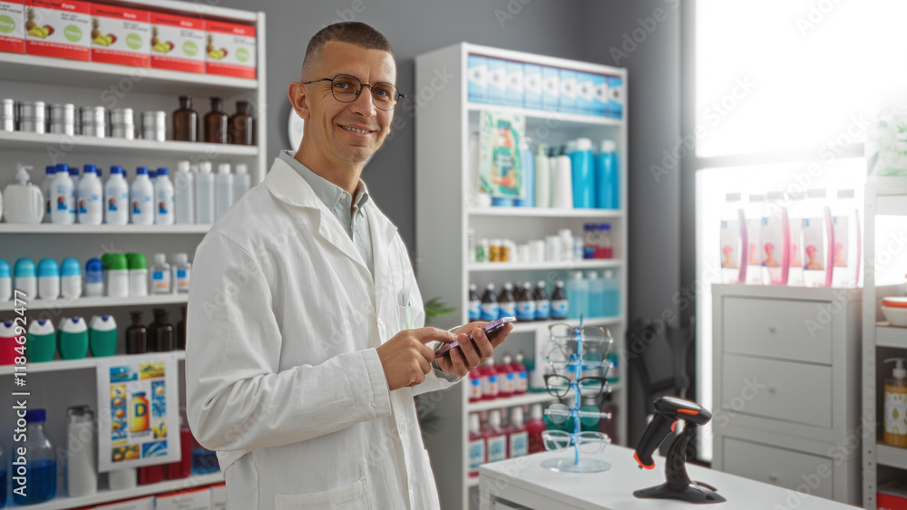 Handsome man wearing white coat smiles while holding a smartphone in a well-organized pharmacy, surrounded by various medical supplies and products Handsome man wearing white coat smiles while holding a smartphone in a well-organized pharmacy, surrounded by various medical supplies and products