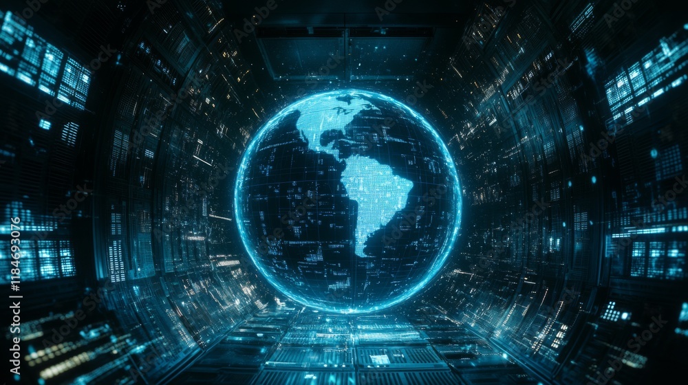 Digital Earth in a Futuristic Tech Tunnel - Stunning Visualization of Global Connectivity