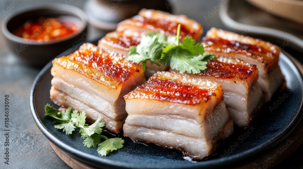 A beautifully plated dish of crispy pork belly, glistening with a drizzle of fish sauce, garnished with fresh herbs and served with a side of spicy dipping sauce. A beautifully plated dish of crispy pork belly, glistening with a drizzle of fish sauce, garnished with fresh herbs and served with a side of spicy dipping sauce.