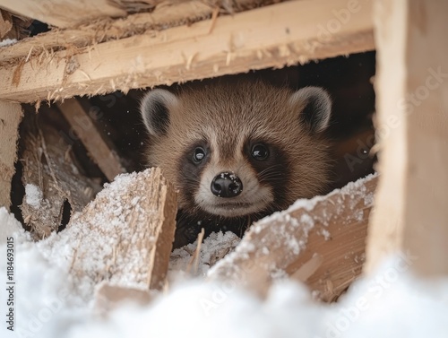 Gentle wildlife behaviors of a curious raccoon in snowy forest nature close-up view serene environment photo