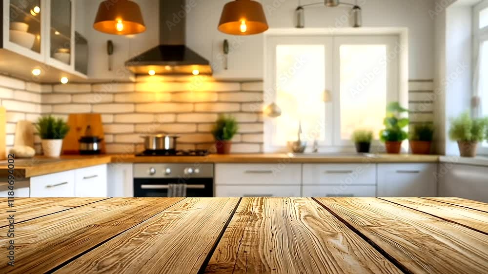Wooden Table Top in Modern Kitchen with Copy Space Wooden Table Top in Modern Kitchen with Copy Space