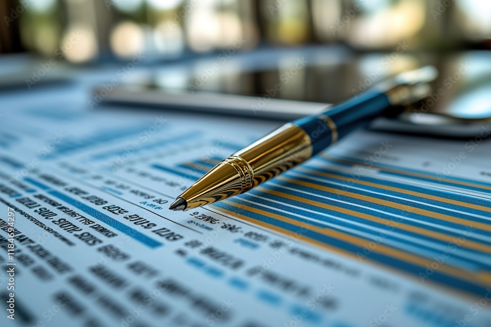 A close-up of a pen resting on a financial report with graphs and a smartphone in the background. A close-up of a pen resting on a financial report with graphs and a smartphone in the background.