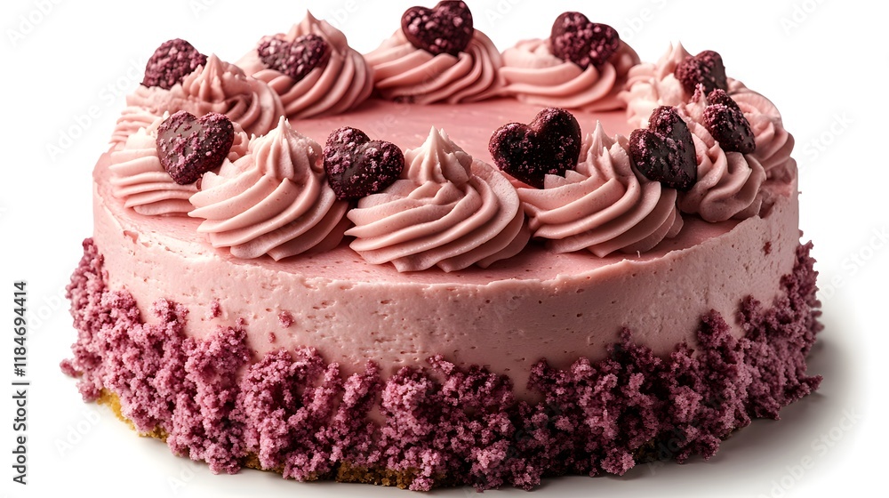 A Pink Frosted Cake with Heart-Shaped Decorations Offering Romantic Appeal A Pink Frosted Cake with Heart-Shaped Decorations Offering Romantic Appeal