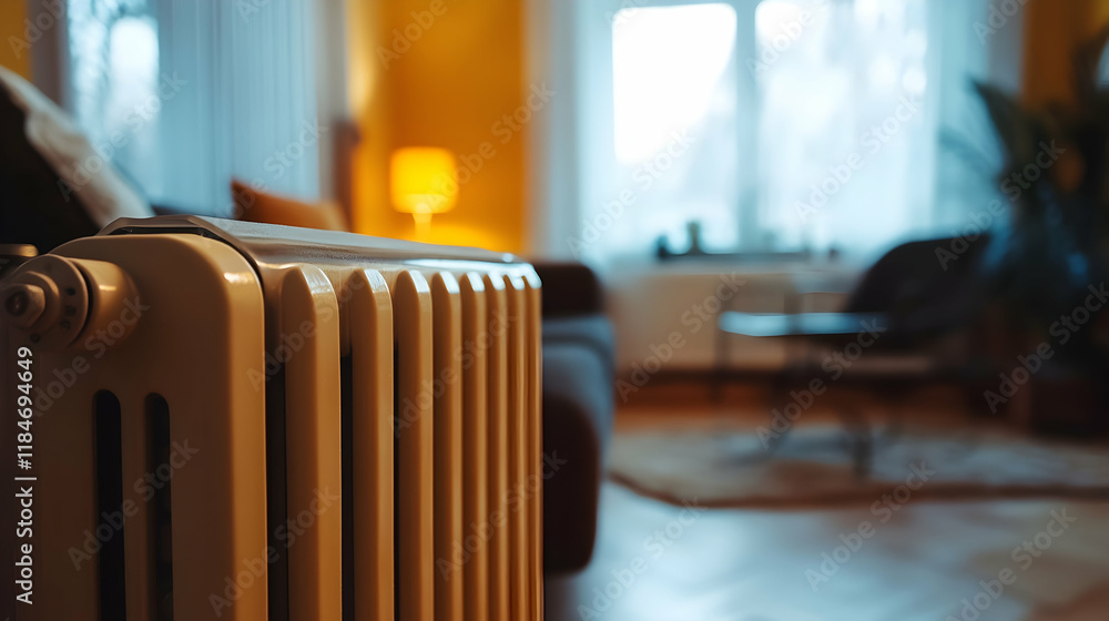 Close-up of an electric heater radiator in a cozy living room during winter Close-up of an electric heater radiator in a cozy living room during winter