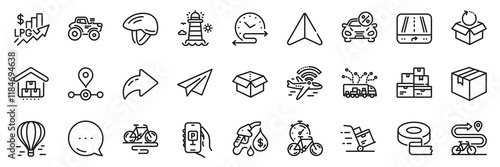Storage, Airplane wifi and Parcel line icons pack. Share, Message, Paper plane icons. Truck delivery, Air balloon, Delivery cart web icon. Bike, Lighthouse, Wholesale goods pictogram. Vector