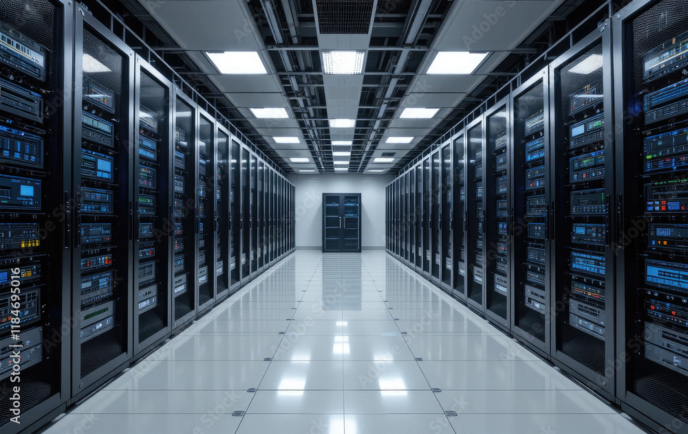 Server Room with Server Racks with Full of Servers, Big Data Center and Cyber Technology Concept. Server Room with Server Racks with Full of Servers, Big Data Center and Cyber Technology Concept.
