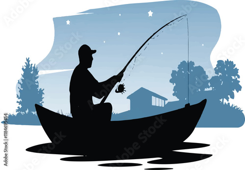 A serene silhouette of a fisherman sitting in a small boat, casting his fishing rod into calm waters under a twilight sky