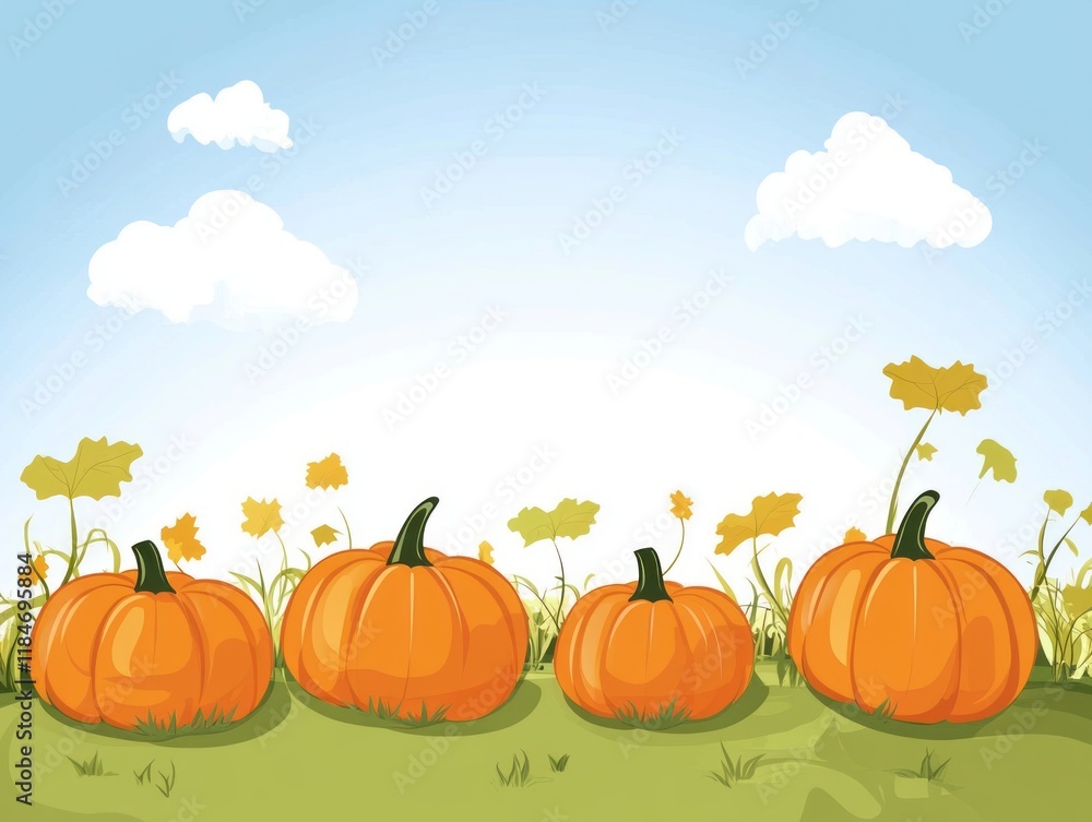 Four Pumpkins Resting in a Sunny Autumn Field Four Pumpkins Resting in a Sunny Autumn Field