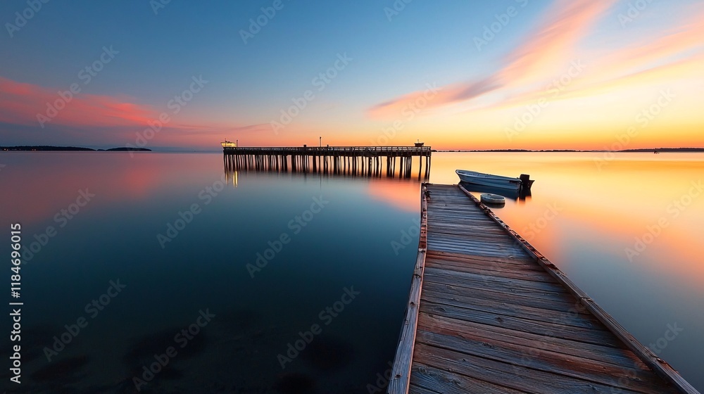 Obraz premium A tranquil sunset over Bay State Pier, reflecting vibrant colors across calm waters, creating a peaceful evening atmosphere.