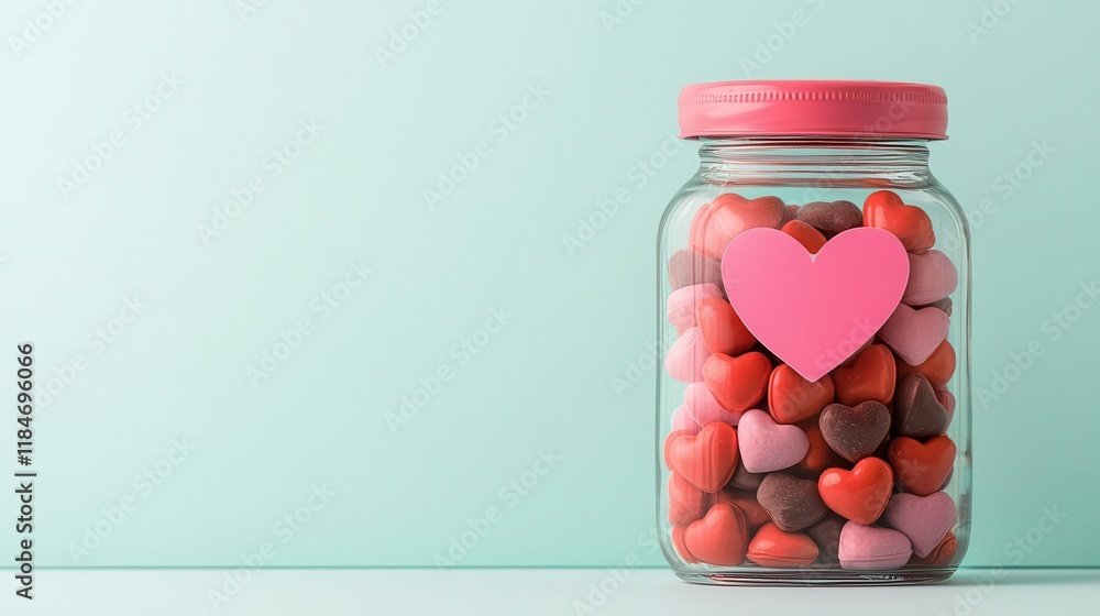 A clear glass bottle with a heartshaped label, filled with Valentines candy hearts, creative design, festive sweets, charming gift A clear glass bottle with a heartshaped label, filled with Valentines candy hearts, creative design, festive sweets, charming gift