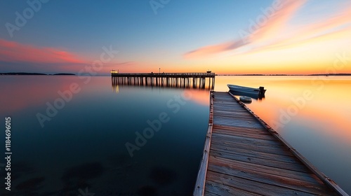 Wallpaper Mural A tranquil sunset over Bay State Pier, reflecting vibrant colors across calm waters, creating a peaceful evening atmosphere. Torontodigital.ca