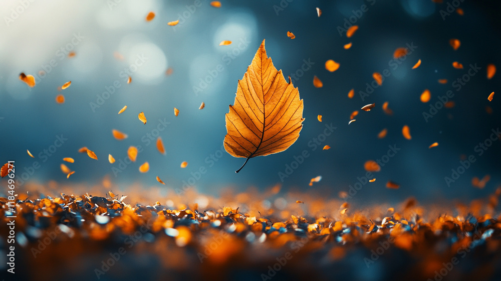 A single leaf drifting through the air, symbolizing the passage of time, with blurred empty blank caption space, evoking feelings of change, impermanence, and nature’s cycle A single leaf drifting through the air, symbolizing the passage of time, with blurred empty blank caption space, evoking feelings of change, impermanence, and nature’s cycle