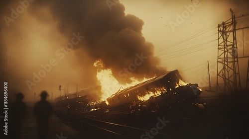 Vintage-Inspired Photograph of Tragic Train Derailment Wreckage in Hazy,Sepia Tones photo