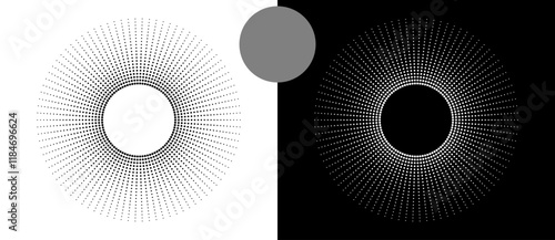 Modern abstract background. Halftone dots in circle form. Sun concept. Vector dotted frame. Design element or icon. Black shape on a white background and the same white shape on the black side.