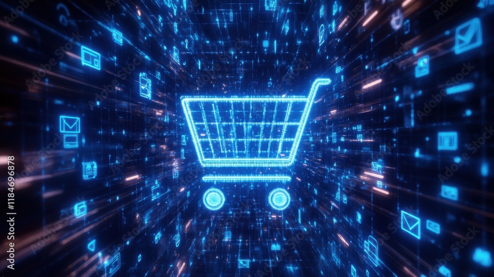 Floating Digital Shopping Cart in Neon Light Space Floating Digital Shopping Cart in Neon Light Space