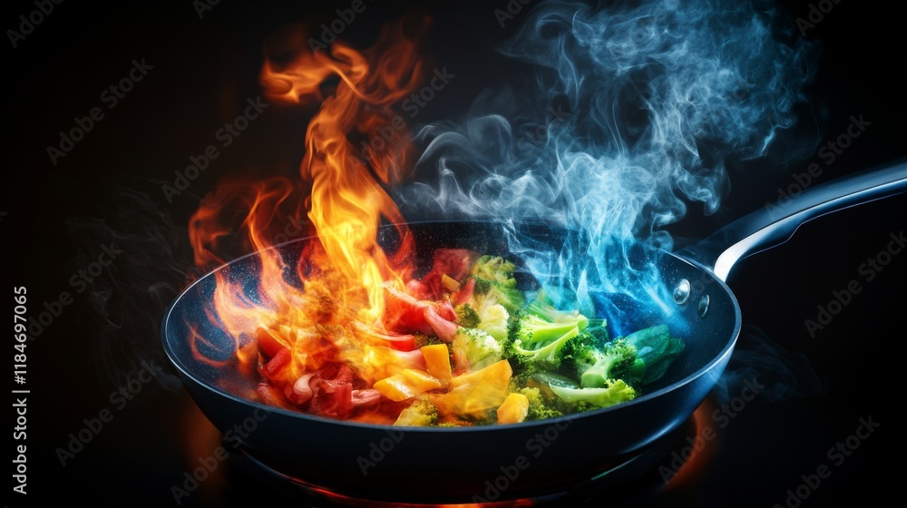 A chef stirring vegetables in a sizzling frying pan on high heat, with vibrant colors of the ingredients contrasting against the dark pan. A chef stirring vegetables in a sizzling frying pan on high heat, with vibrant colors of the ingredients contrasting against the dark pan.