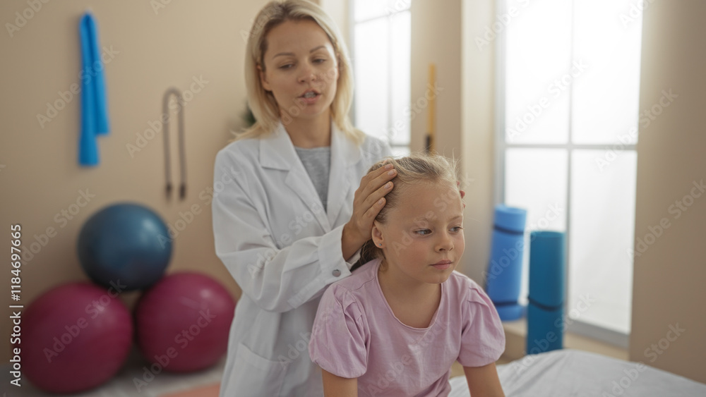 Physiotherapist woman examining caucasian child patient in a clinic room with exercise equipment in the background Physiotherapist woman examining caucasian child patient in a clinic room with exercise equipment in the background