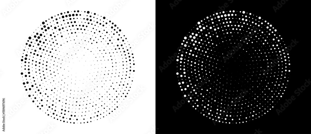 Modern abstract background. Halftone dots in circle form. Spiral logo, icon or design element. Black dots on a white background and white dots on the black side.
