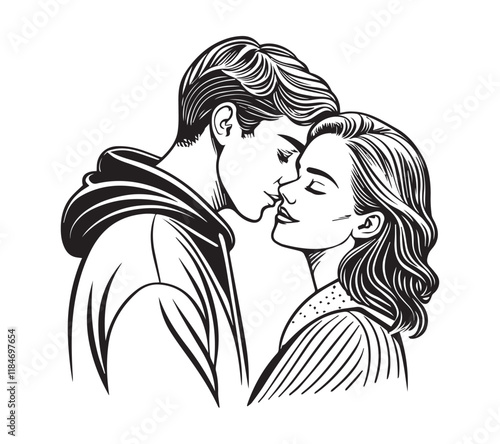 black and white Couple one line drawing design. Vector isolated cover poster design. Love print. Couple kissing line drawing.
