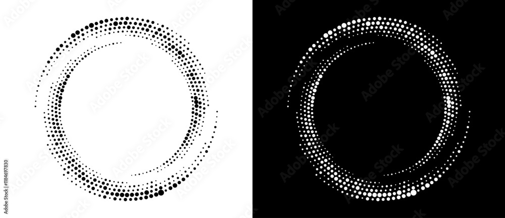 Modern abstract background. Halftone dots in circle form. Spiral logo, icon or design element. Black dots on a white background and white dots on the black side. Modern abstract background. Halftone dots in circle form. Spiral logo, icon or design element. Black dots on a white background and white dots on the black side.