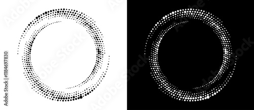 Modern abstract background. Halftone dots in circle form. Spiral logo, icon or design element. Black dots on a white background and white dots on the black side.