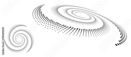 Perspective view to abstract halftone dotted circle. Spiral universe concept.