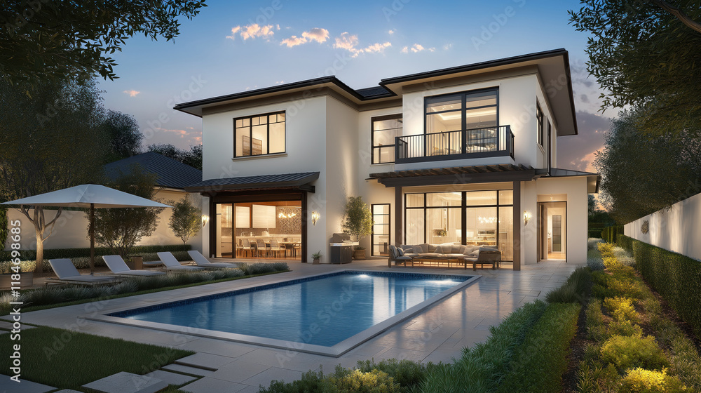 Fototapeta premium Newly Built Modern House with Spacious Front Yard and Glass Facade