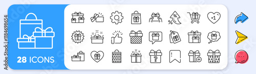 Gift line icons. Interest rate, AI generate, Inflation icons. Present box, Offer and Sale. Shopping cart, Tag and Chat. Speech bubble, Give a gift box, question mark, birthday discount. Vector