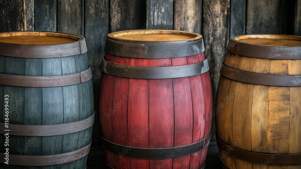 Wooden whiskey barrels stored in rows in a distillery. Traditional craftsmanship and aging process concept Wooden whiskey barrels stored in rows in a distillery. Traditional craftsmanship and aging process concept