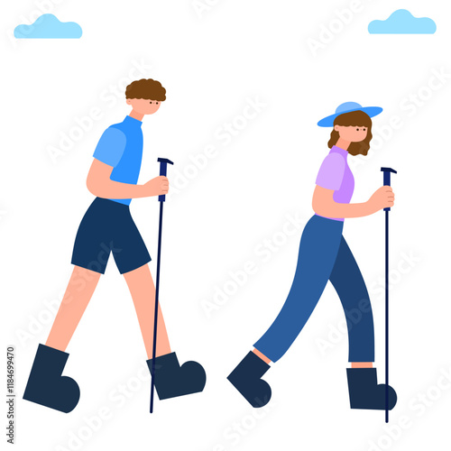 man and woman hiking with trekking poles outdoor adventure activity flat vector illustration