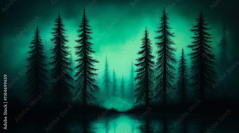 Fototapeta premium Faszinierende Aurora Borealis über bewaldetem See mit Spiegelung
