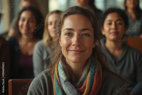 a woman is smiling in front of a group of people