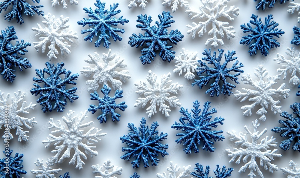 A decorative arrangement of blue and white snowflake shapes on a light background. A decorative arrangement of blue and white snowflake shapes on a light background.