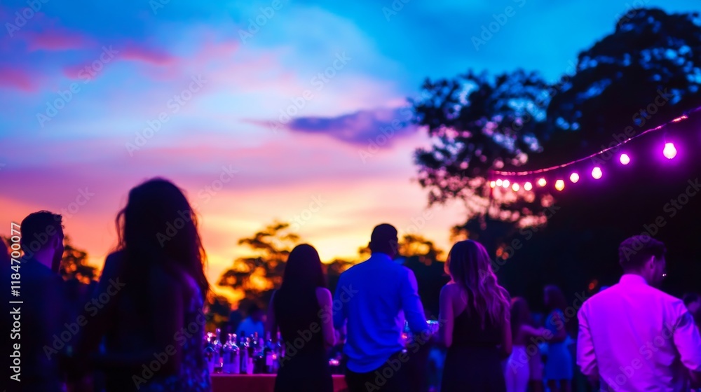 Fototapeta premium Warm glow of string lights illuminates attendees at a festive outdoor gathering during a colorful sunset, creating an inviting and joyful atmosphere