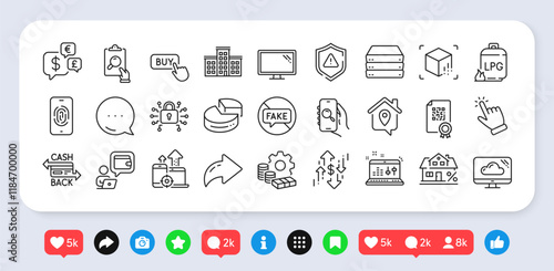 Cashback card, Augmented reality and Company line icons pack. Social media: share, comment, like icons. Mortgage, Inspect, Security lock web icon. Monitor, Sound check, Seo devices pictogram. Vector