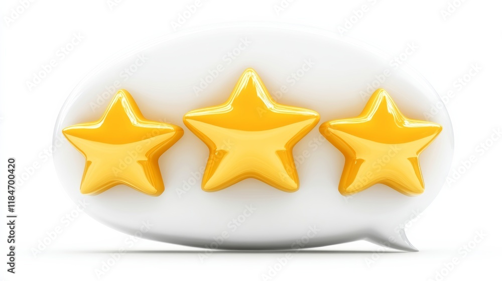 Three gold stars inside a speech bubble represent positive feedback and customer satisfaction Three gold stars inside a speech bubble represent positive feedback and customer satisfaction