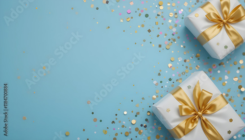 Blue background with gift boxes wrapped in white paper and gold ribbons surrounded by scattered confetti for celebrations or holidays photo