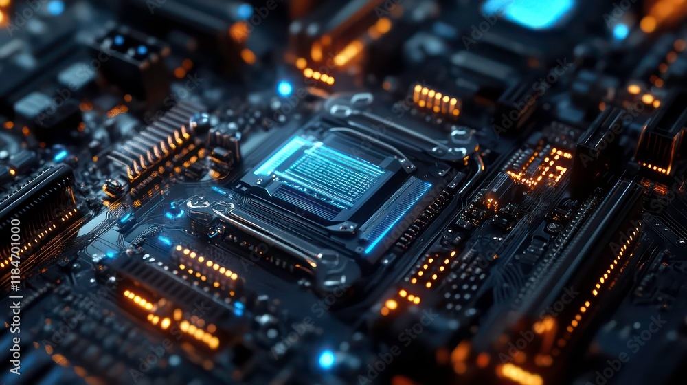 Close-up of a computer motherboard with CPU, showcasing intricate circuitry and glowing components. Close-up of a computer motherboard with CPU, showcasing intricate circuitry and glowing components.