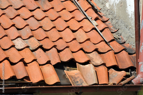 tiled roof with the destruction