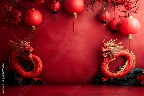 Two red chinese dragons guarding a red wall with hanging lanterns photo