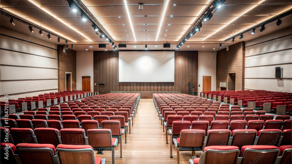 Spacious lecture hall with empty rows of seating and a presentation screen in a university Spacious lecture hall with empty rows of seating and a presentation screen in a university