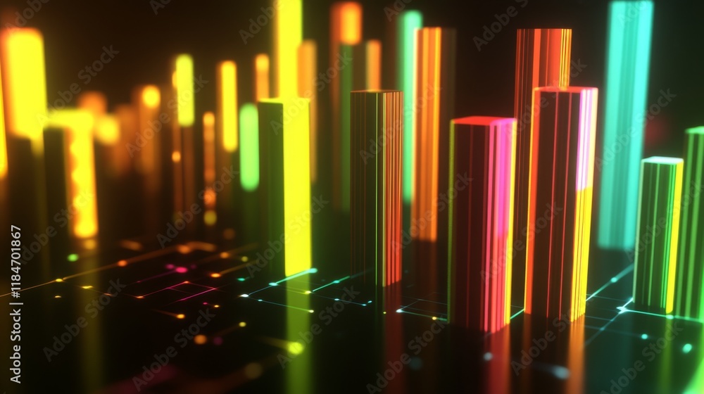 A close-up of a futuristic D bar graph with glowing neon bars, rising upward in a dynamic digital environment, symbolizing financial success and innovation. A close-up of a futuristic D bar graph with glowing neon bars, rising upward in a dynamic digital environment, symbolizing financial success and innovation.