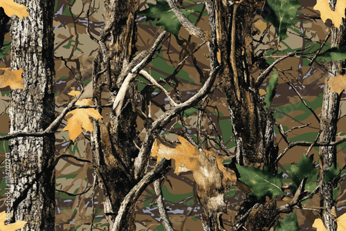 Real Tree Camouflage for hunting. Forest real tree hunting camouflage seamless pattern design for military and hunting uniform. Hunting camouflage photo