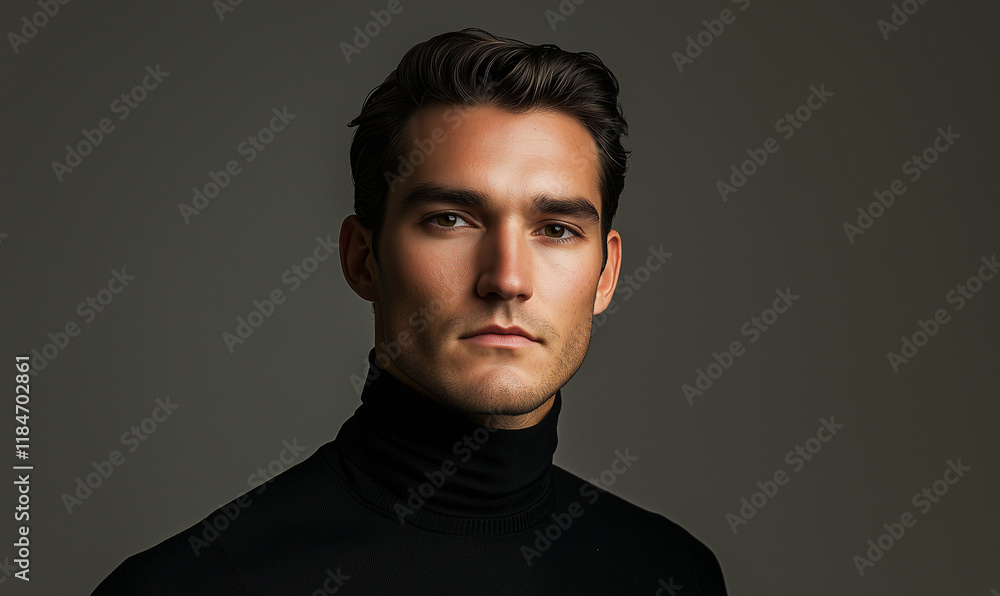 A poised man in a turtleneck shirt gazes confidently at the camera, set against a minimalist dark background. A poised man in a turtleneck shirt gazes confidently at the camera, set against a minimalist dark background.