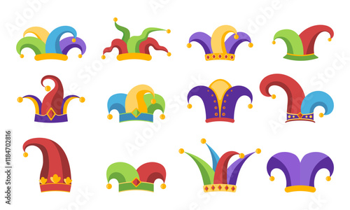 Set of jester hats isolated on white background. Design elements for April Fools Day. Vector illustration