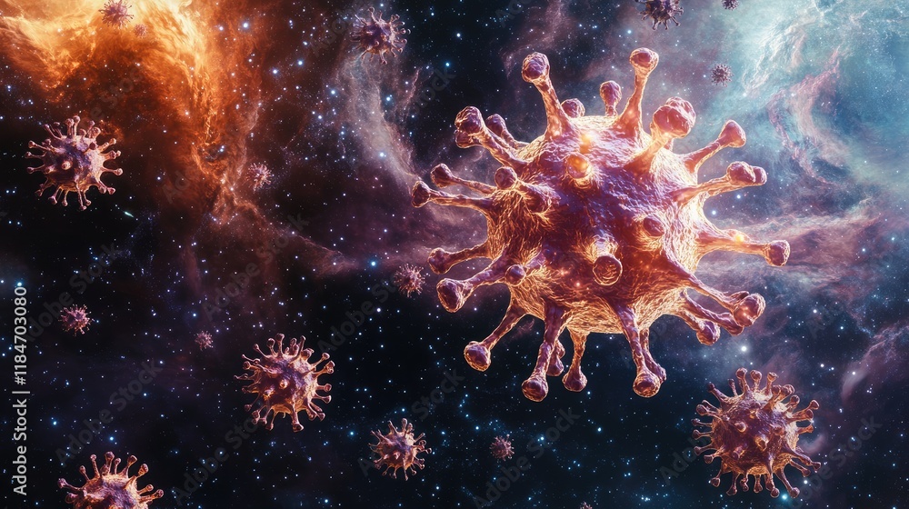 Fototapeta premium Ethereal virus shapes in a galaxy backdrop, [cosmic virology, creative concept], blending science and fantasy for artistic appeal 
