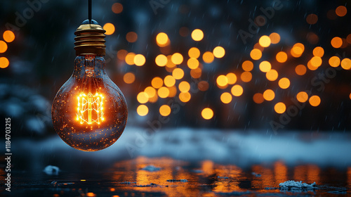 A single glowing lightbulb suspended in mid-air, softly illuminated, symbolizing a moment of inspiration or a brilliant idea, with blurred empty space on the side, creating a sense of chaos